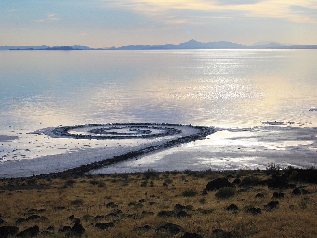 A spiral of stone juts into the water of Great Salt Lake.