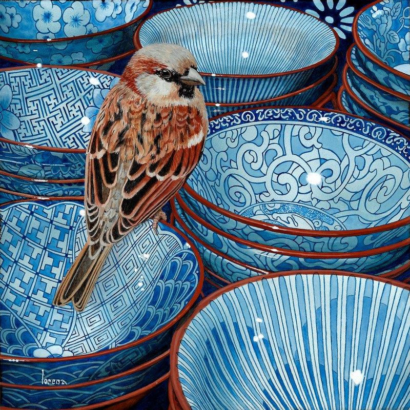 A photorealistic paining depicts a brown sparrow sitting on the lip of a stack of brightly painted blue bowls.