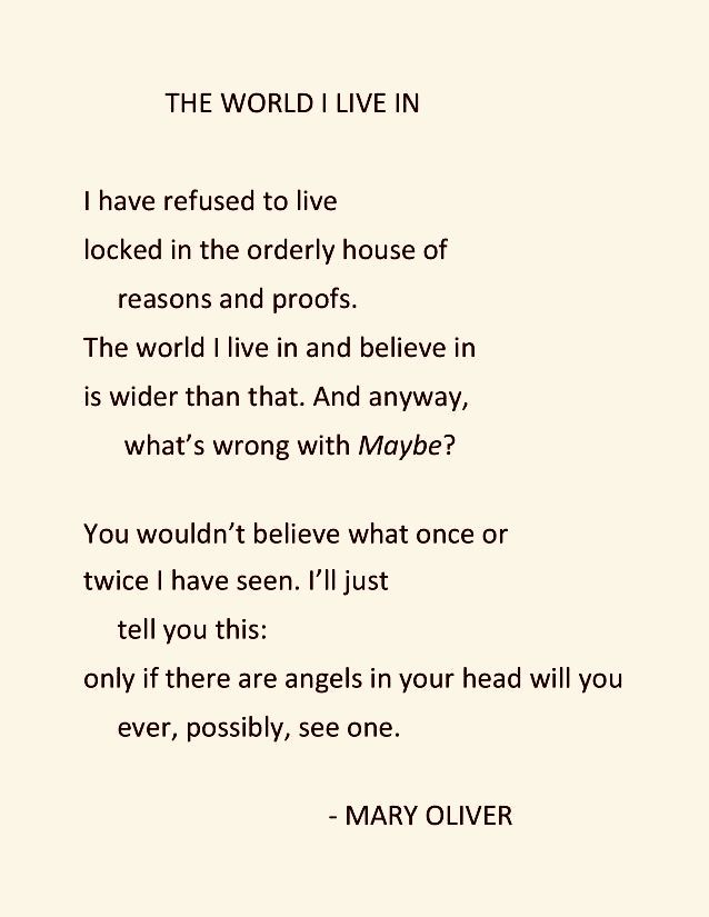 The World I Live In by Mary Oliver
I have refused to live
locked in the orderly house of
     reasons and proofs.
The world I live in and believe in
is wider than that. And anyway,
     what’s wrong with Maybe?

You wouldn’t believe what once or
twice I have seen. I’ll just
     tell you this:
only if there are angels in your head will you
     ever, possibly, see one.