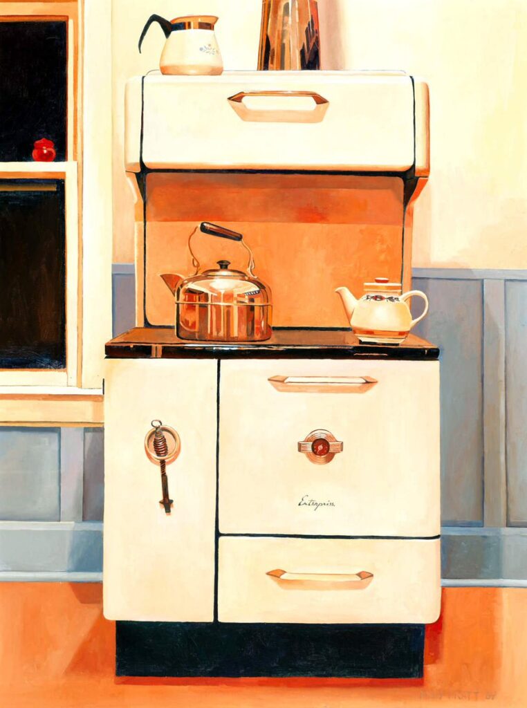 A portrait of an old-fashioned white enamel woodstove. A copper kettle and a teapot rest on the stove's surface. 