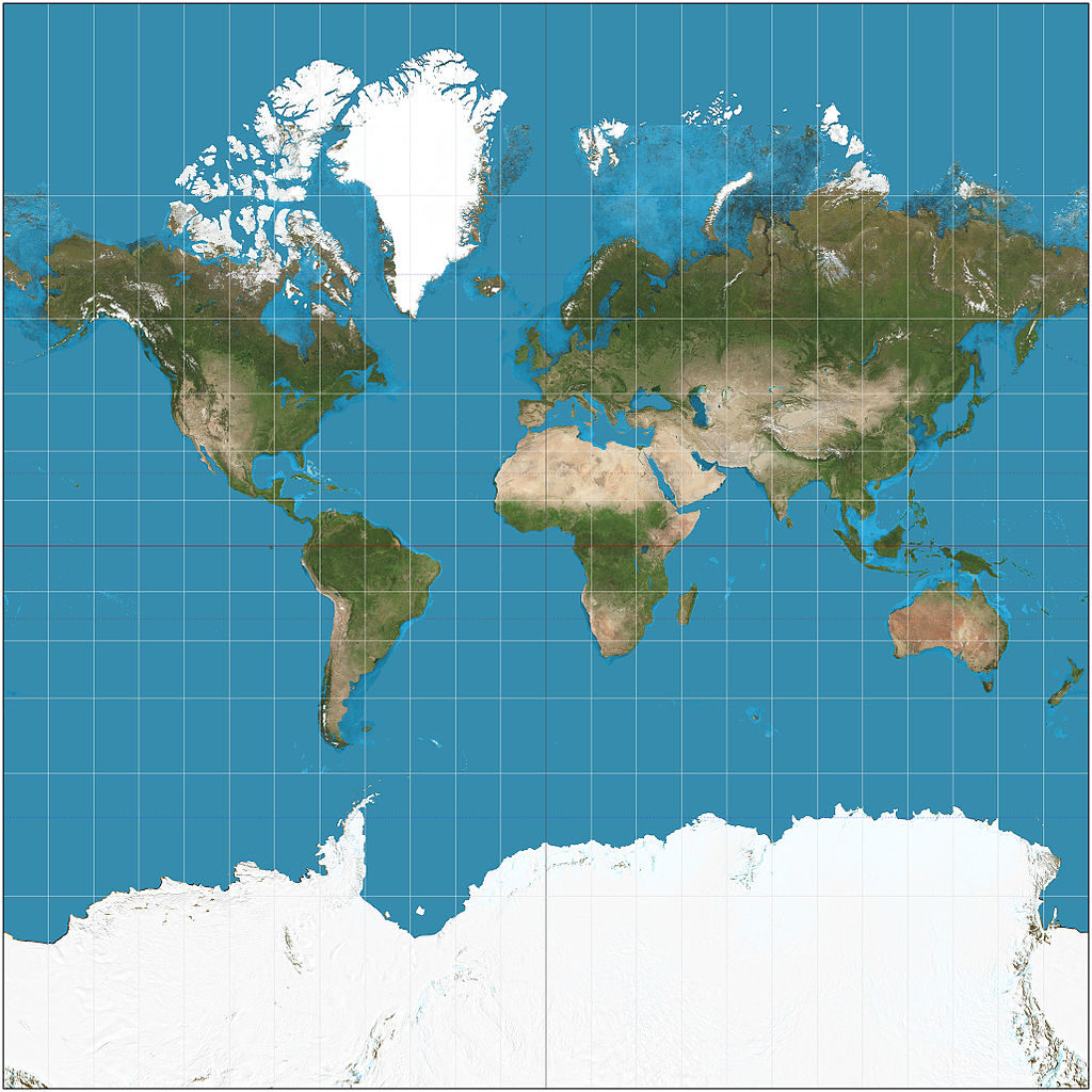 A map of the world. The land masses at the north and south poles are exaggerated due to the projection that has been used.