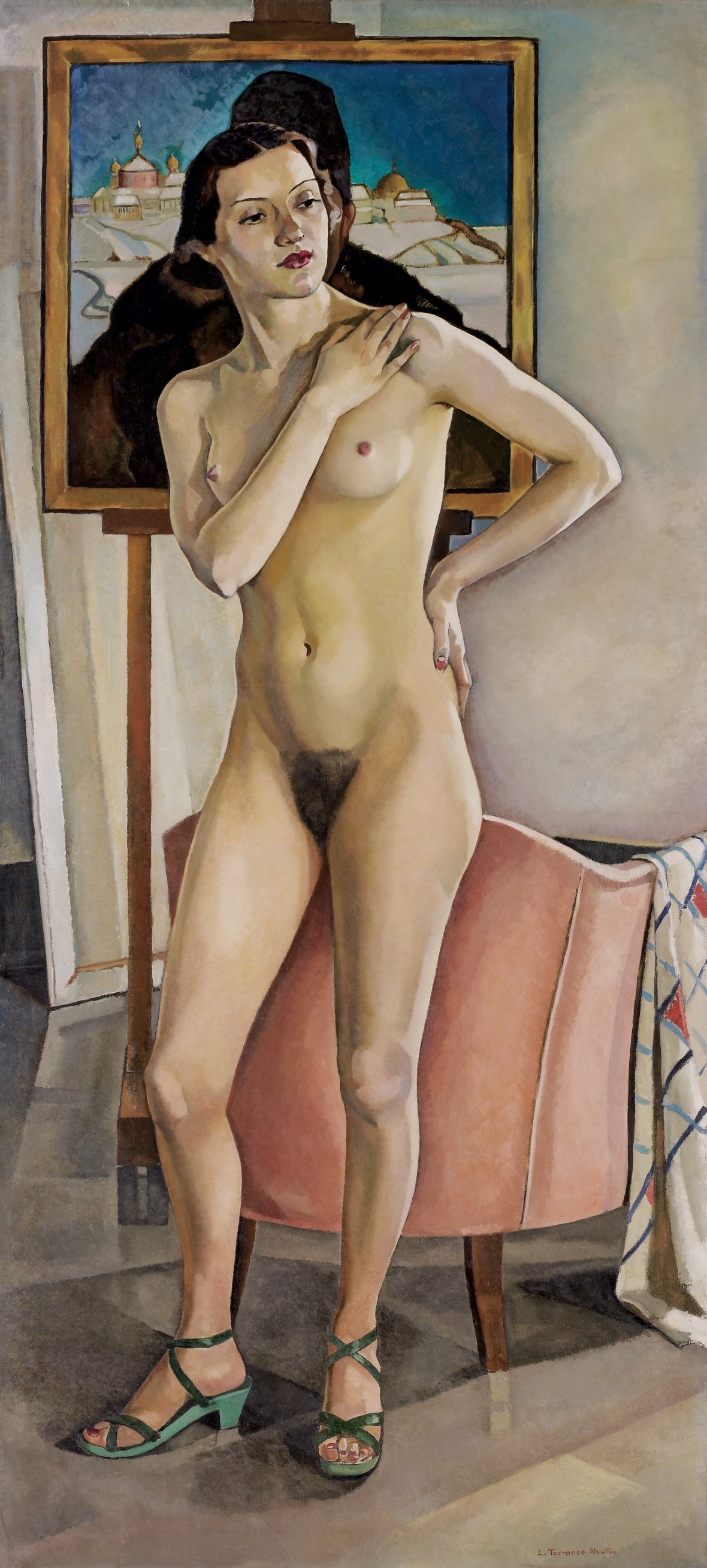 A portrait of a nude woman. She is facing the painter, one arm between her breasts, with a hand clasping her shoulder, her other hand is on her hip. She is fully naked except for a pair of green strappy, high-heeled sandals.  . 