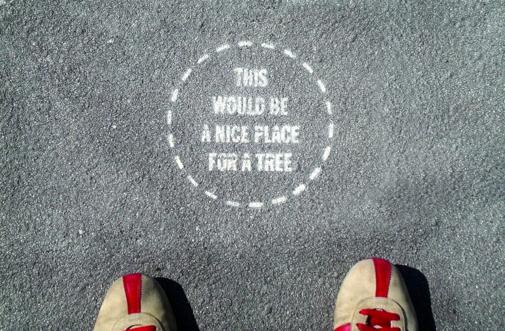 A dotted line circle spray painted on concrete with the words "This Would Be a Nice Place for a Tree" inside.