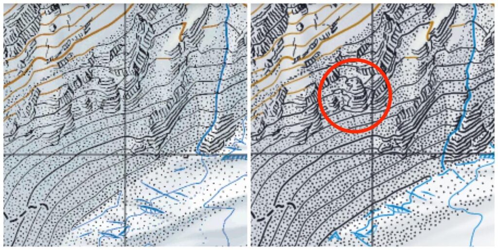 A close up of two versions of the same map. The map on the right shows the drawing of a marmot that has been included in the contour lines. 