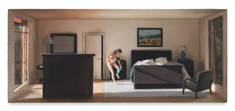 An oil painting shows the interior of a bedroom where a woman is trying to get dressed. She holds a baby in one arm as she struggles with her underwear.