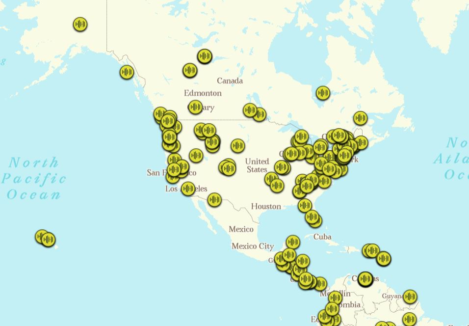 A screenshot of a map of North America, showing the locations of the forest sound recordings. 