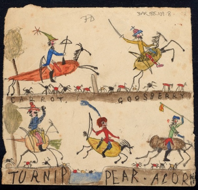 A series of children's drawings featuring knights on horseback. There are five figures, labelled Carrot, Goosberry, Turnip, Pear, and Acorn.