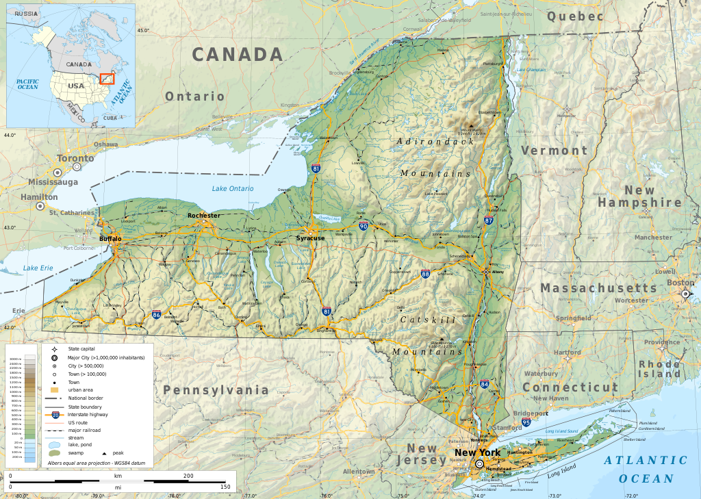 A map of the state of New York, showing the main cities, topography, highways, and boundaries. 